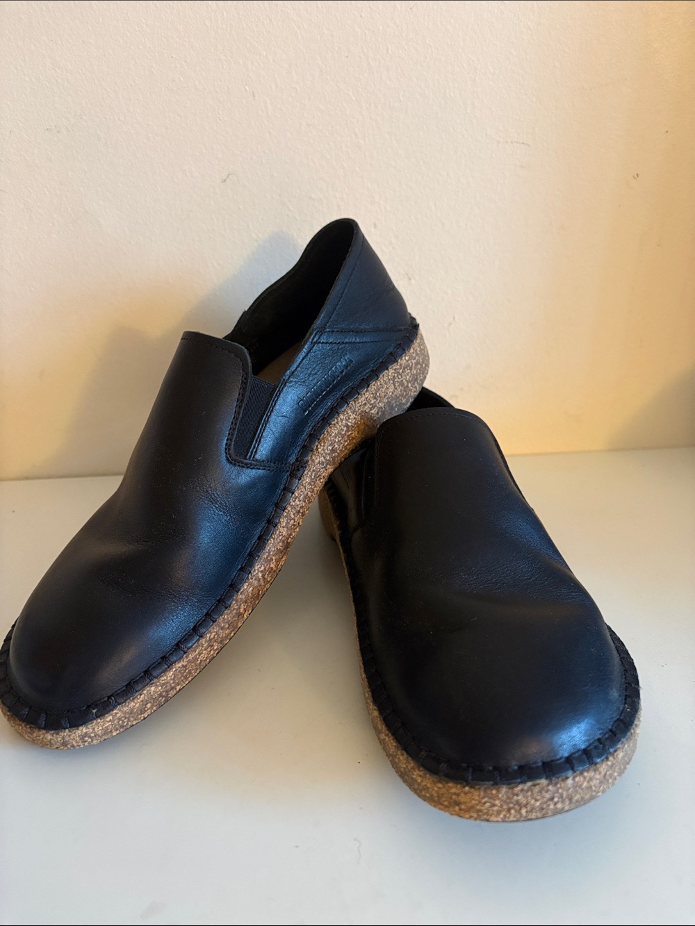 Birkenstock Black Leather Slip-On Loafers with Cork Sole